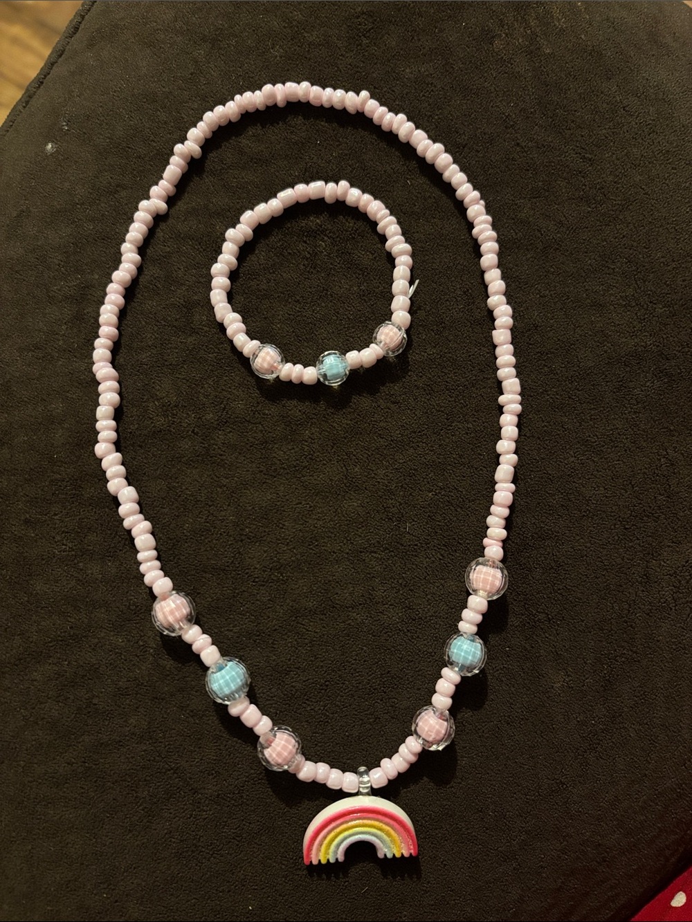 Kids Pink Beaded Necklace and Bracelet Set with Rainbow Charm